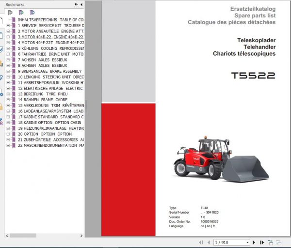 Weidemann Telehandler T5522 TL48 1.0 Spare Parts List ENDEFR 1