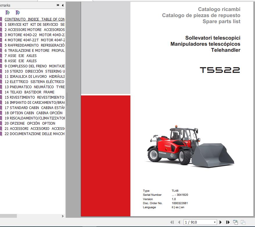 Weidemann Telehandler T5522 TL48 1.0 Spare Parts List ENITES 1