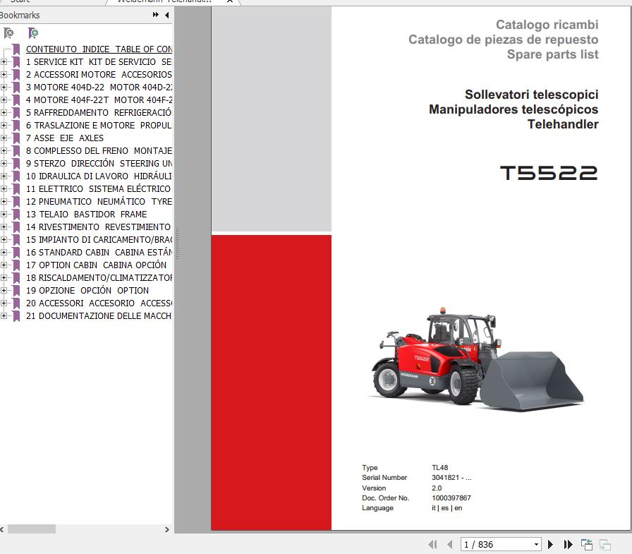 Weidemann Telehandler T5522 TL48 2.0 Spare Parts List ENITES 1