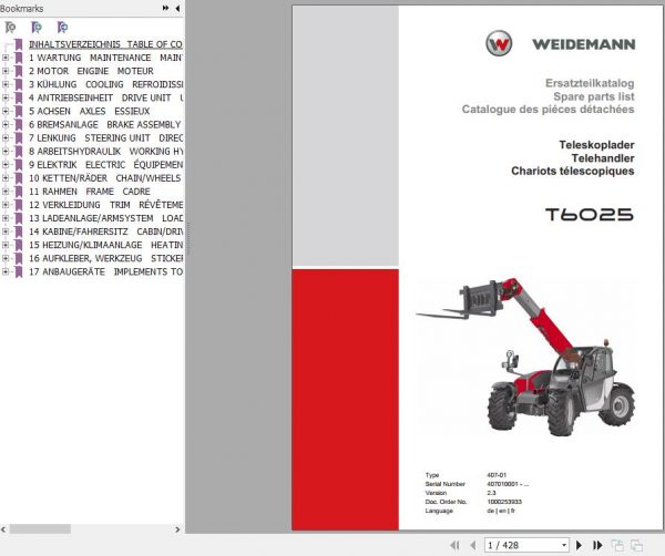 Weidemann Telehandler T6025 407 01 2.3 Spare Parts List ENDEFR 1