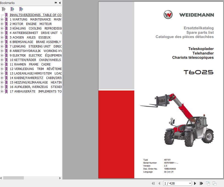 Weidemann Telehandler T6025 407 01 2.3 Spare Parts List ENDEFR 1