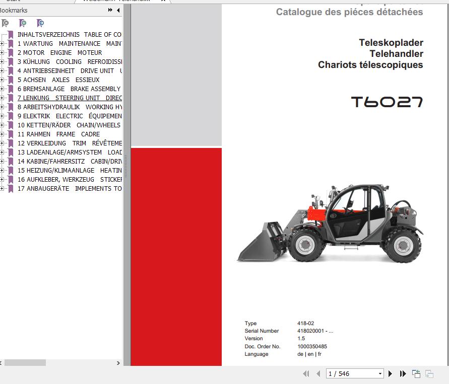 Weidemann Telehandler T6027 418 02 1.5 Spare Parts List ENDEFR 1