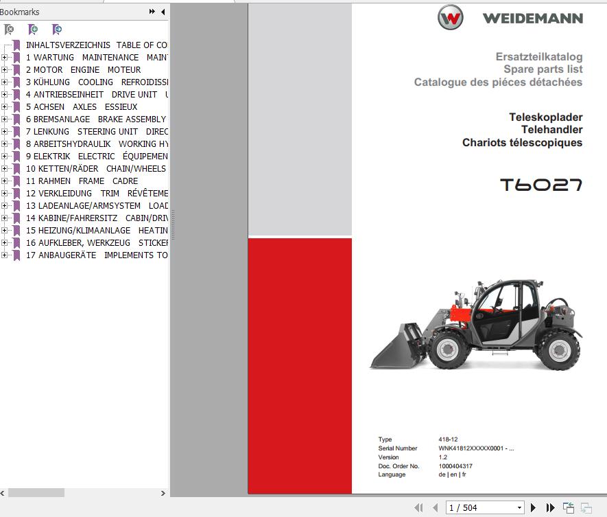Weidemann Telehandler T6027 418 12 1.2 Spare Parts List ENDEFR 1