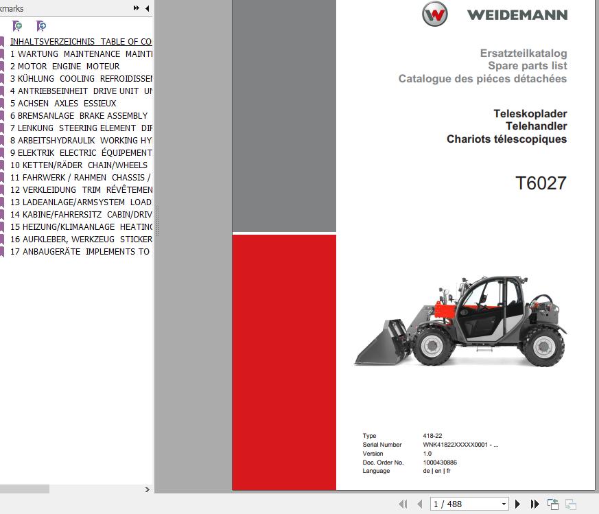 Weidemann Telehandler T6027 418 22 1.0 Spare Parts List ENDEFR 1