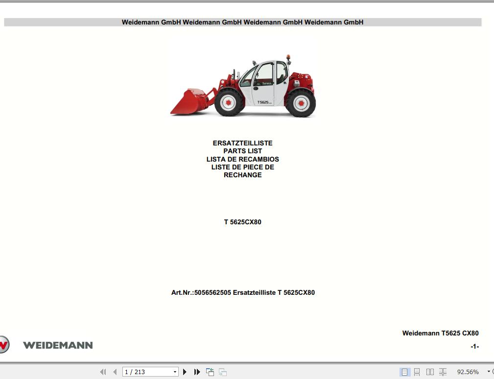 Weidemann Telescopic Handler T5625 CX80 Spare Part List 1