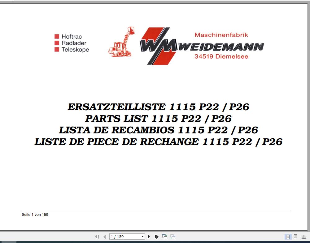 Weidemann Wheel Loader 1115 P22 P26 Spare Part List 1