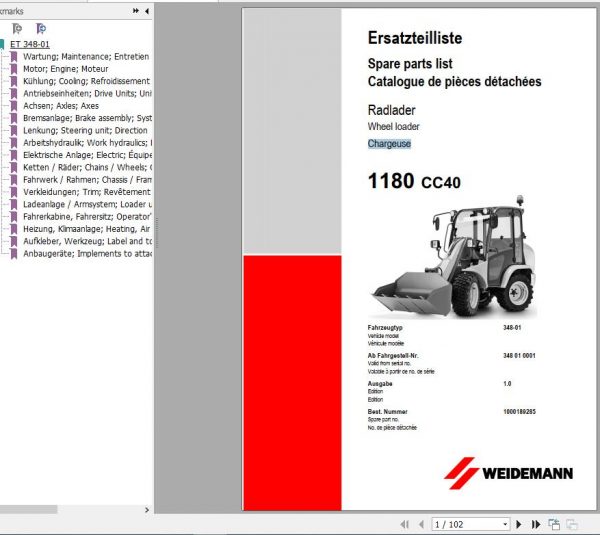 Weidemann Wheel Loader 1180 CC40 Spare Part List 1