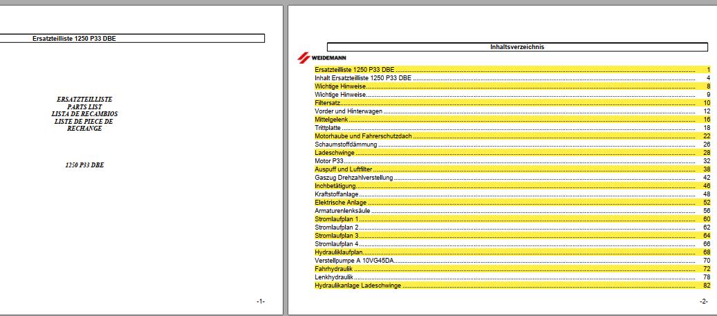 Weidemann Wheel Loader 1250 P33 DBE Spare Part List 1