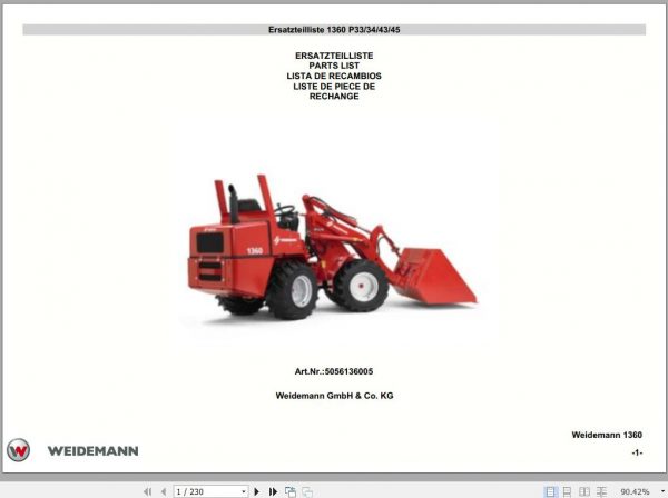 Weidemann Wheel Loader 1360 P33 34 43 45 Spare Part List 1