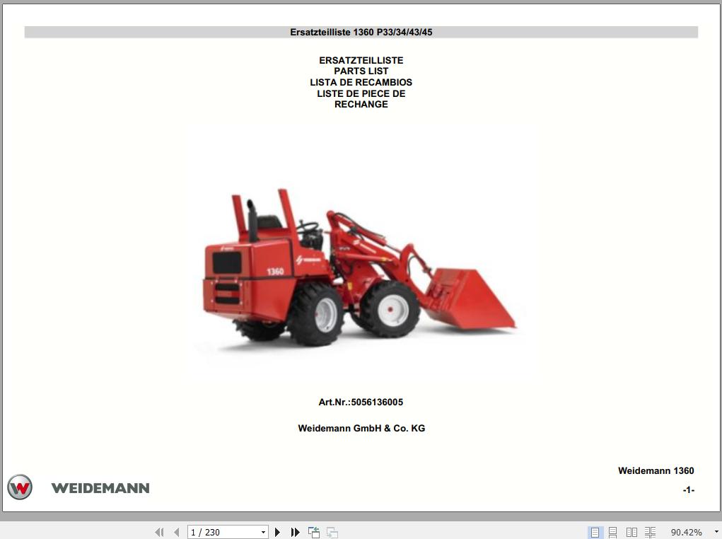 Weidemann Wheel Loader 1360 P33 34 43 45 Spare Part List 1