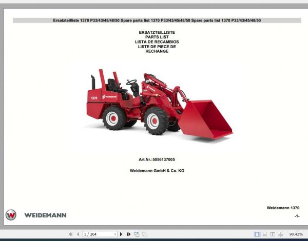 Weidemann Wheel Loader 1370 P33 43 45 48 50 Spare Part List 1