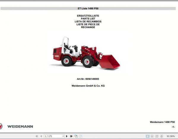 Weidemann Wheel Loader 1490 P50 Spare Part List 1