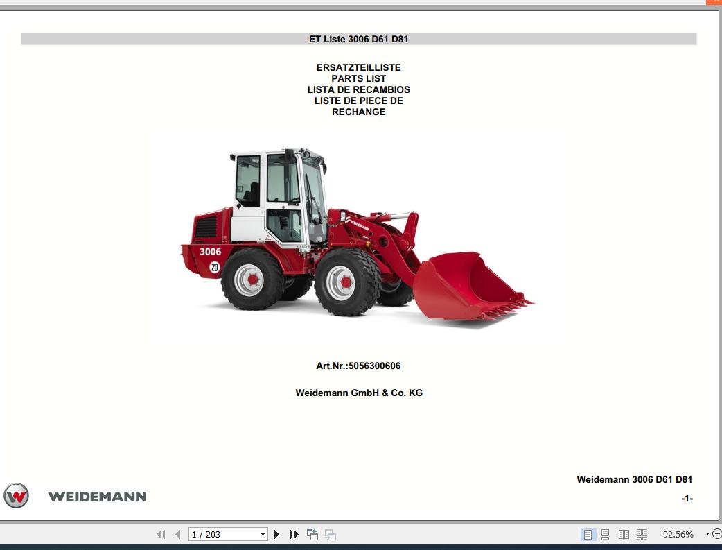 Weidemann Wheel Loader 3006 D61 D81 Spare Part List 1