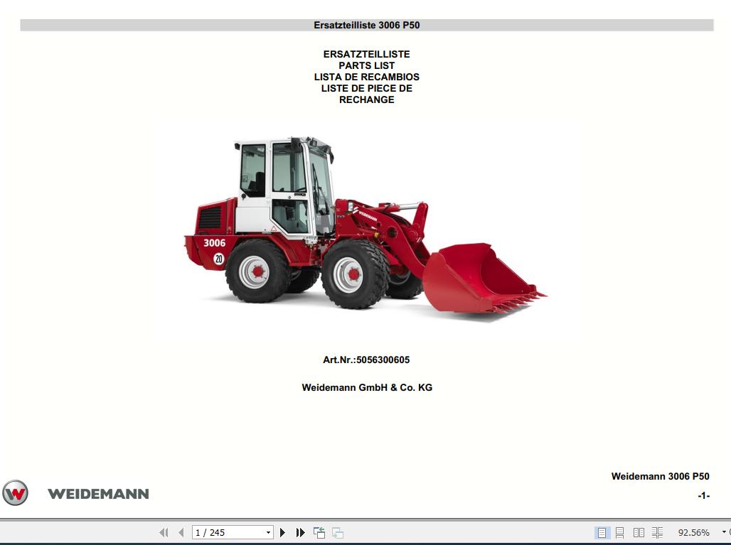 Weidemann Wheel Loader 3006 P50 Spare Part List 1