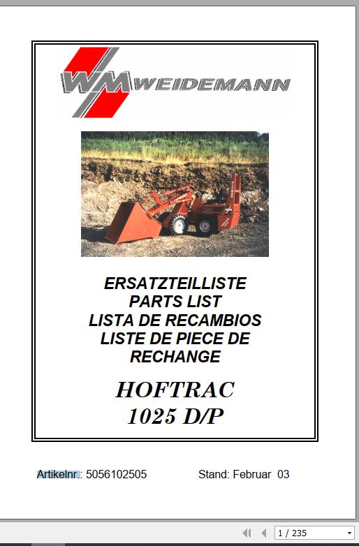 Weidemann Wheel Loader Hoftrac 1025 DP Spare Part List 1