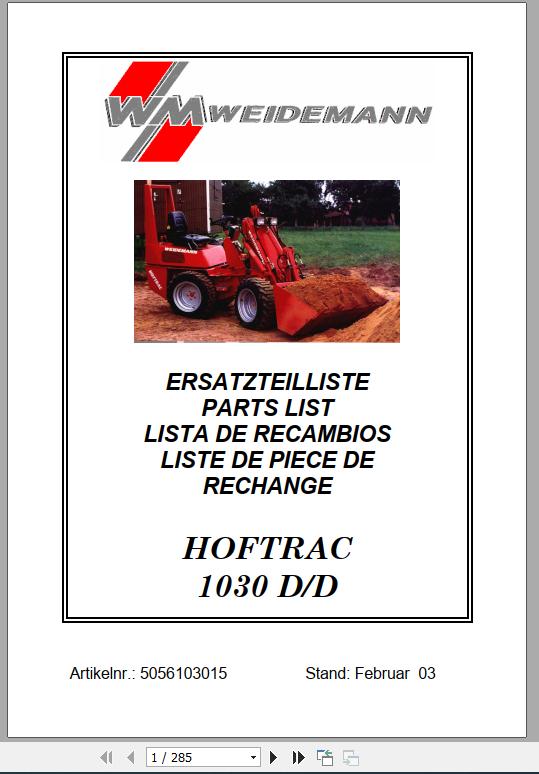 Weidemann Wheel Loader Hoftrac 1030 DD Spare Part List 1