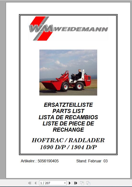 Weidemann Wheel Loader Hoftrac 1090 DP 1904 DP Spare Part List 1