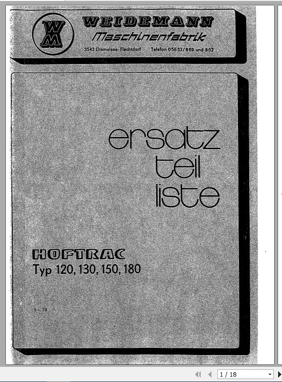 Weidemann Wheel Loader Hoftrac 120 130 150 180 Spare Parts Catalog SW 1