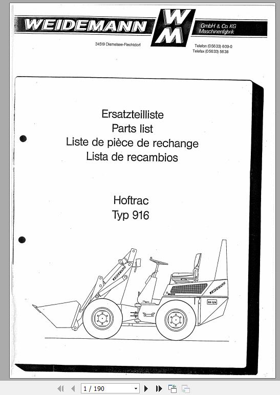 Weidemann Wheel Loader Hoftrac 916 Spare Part List 1