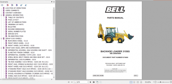 BELL 315SG Backhoe Loader Parts Manual 874800 1 1