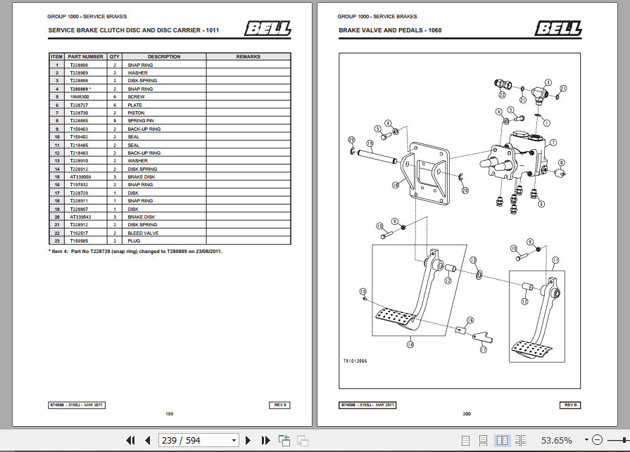 BELL 315SJ Backhoe Loader Parts Manual 874098