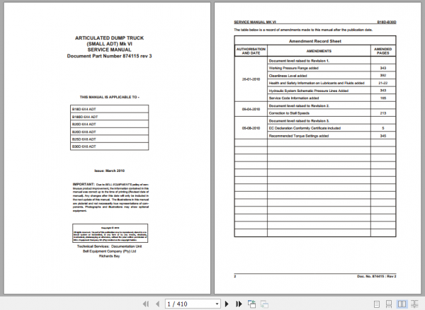 BELL B18D B20D B25D B30D Articulated Dump Truck Mk VI Service Manual 874115 rev 3 1