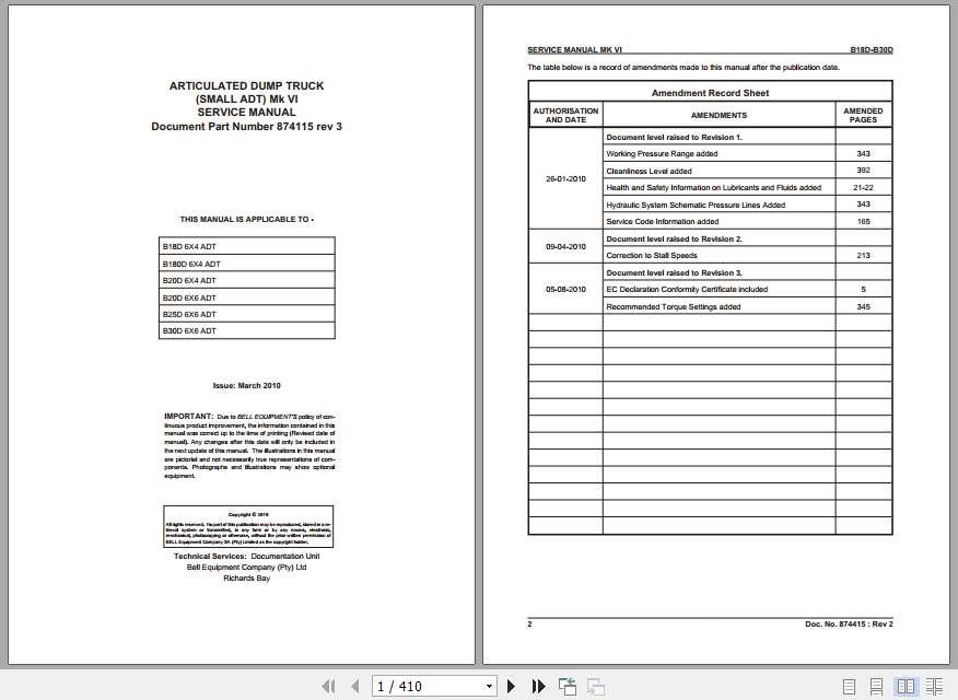 BELL B18D B20D B25D B30D Articulated Dump Truck Mk VI Service Manual 874115 rev 3 1