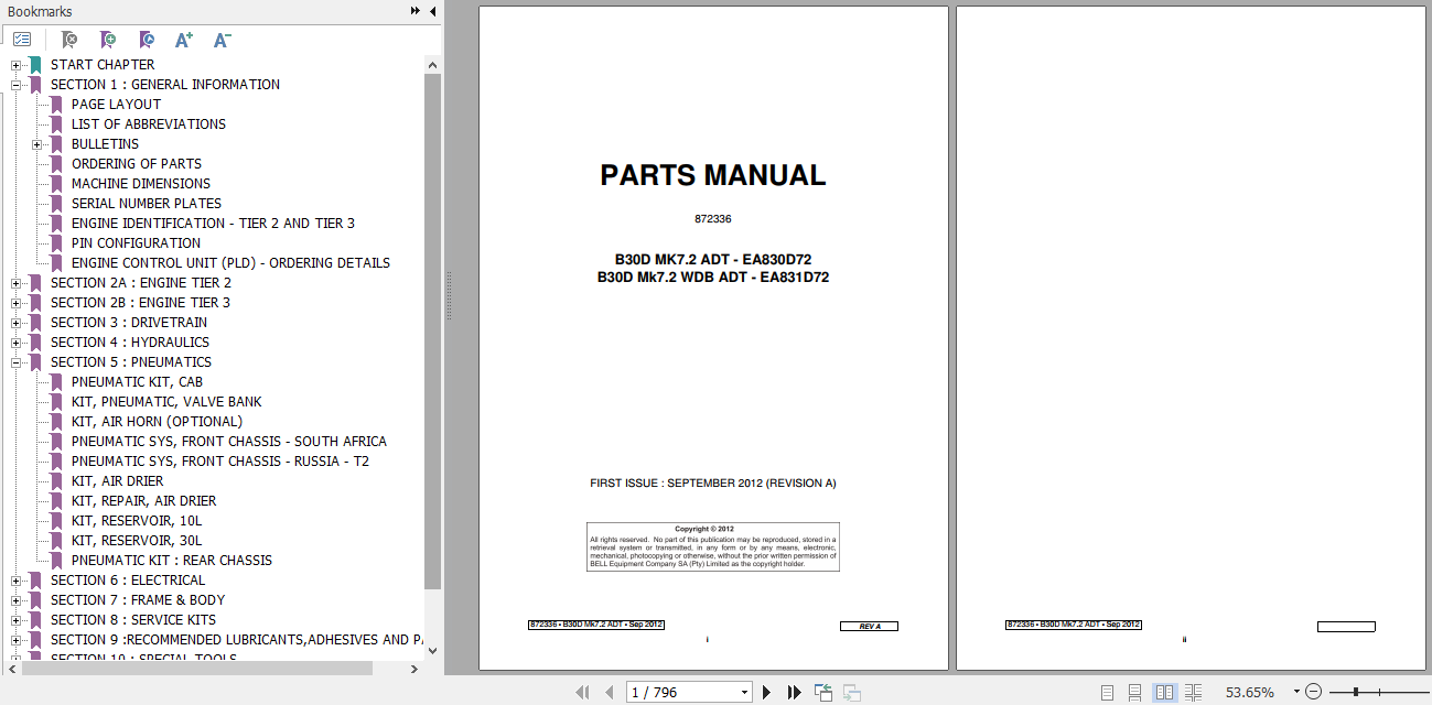 BELL B30D MK7.2 Articulated Dump Truck Parts Manual 872336 1