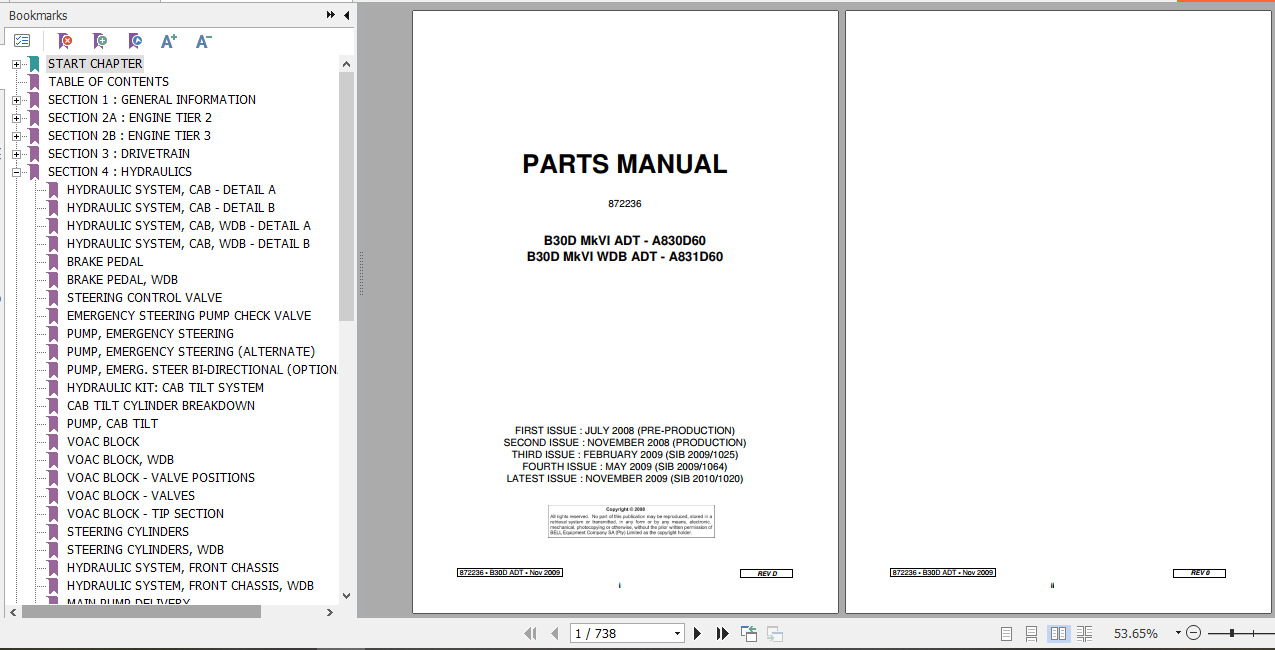 BELL B30D Mk VI ADT B30D Mk VI WDB Articulated Dump Truck Parts Manual 872236 1