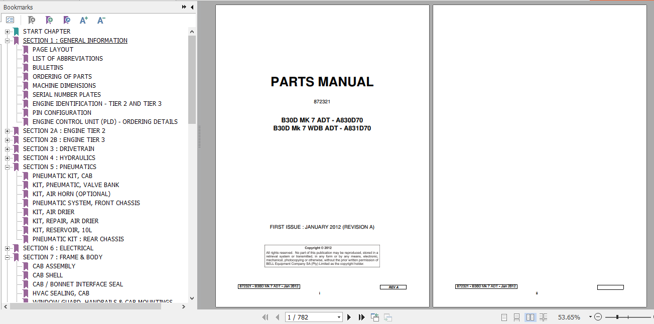 BELL B30D WDB MK7 Articulated Dump Truck Parts Manual 872321 1