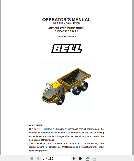 BELL E SERIES B18E B30E Articulated Dump Truck Operators Manual 872353 REV A