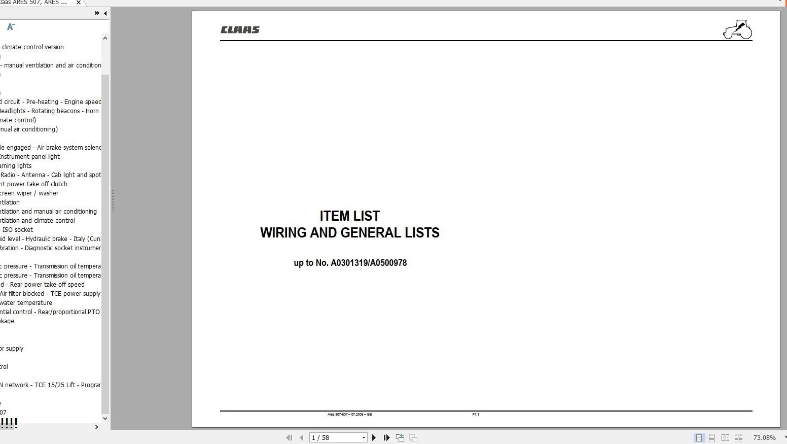 Claas ARES 507 ARES 607 Wiring General Lists EN 1