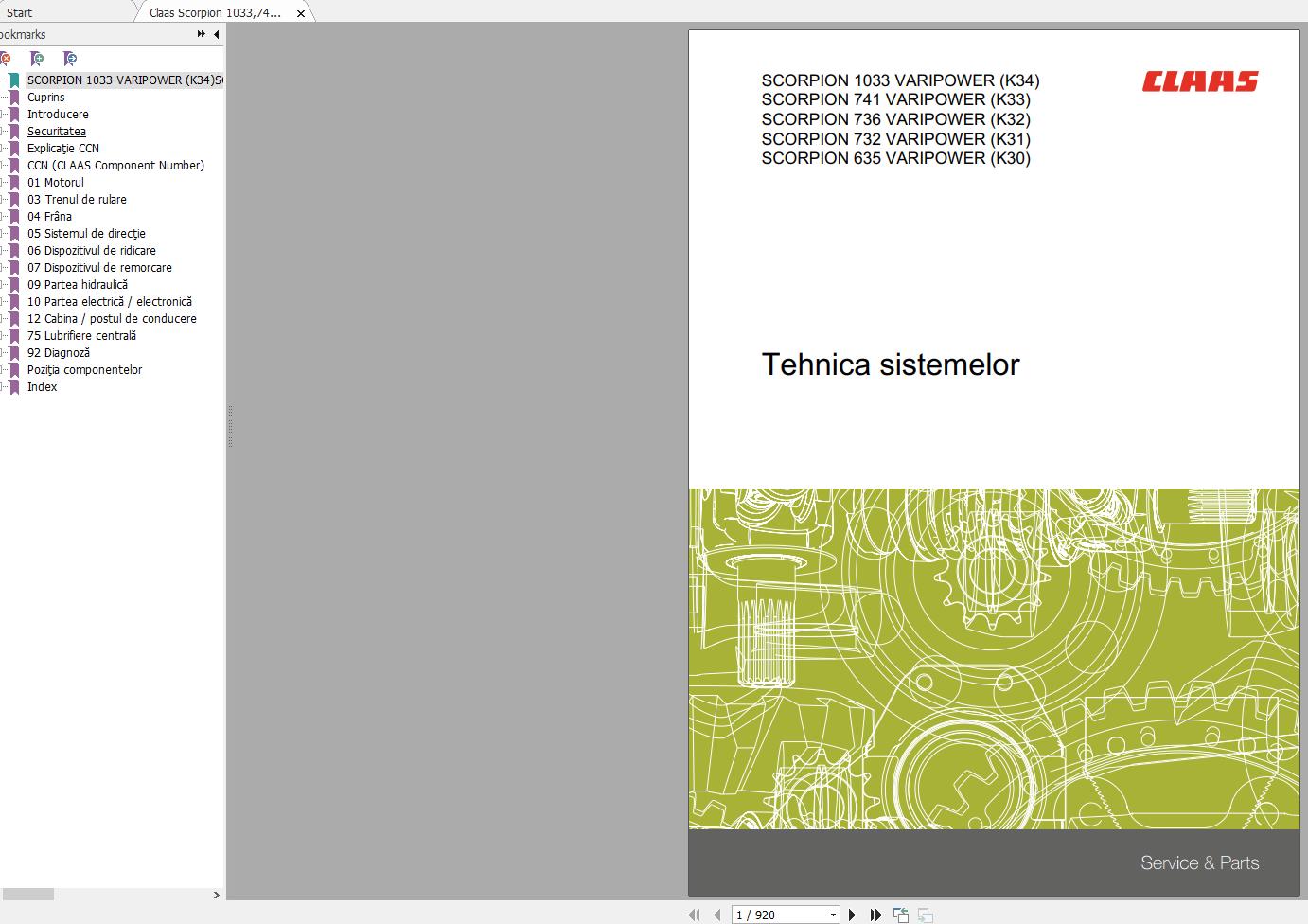 Claas Scorpion 1033741736732635 Varipower K34K33K32K31K30 Repair Manual RO 1