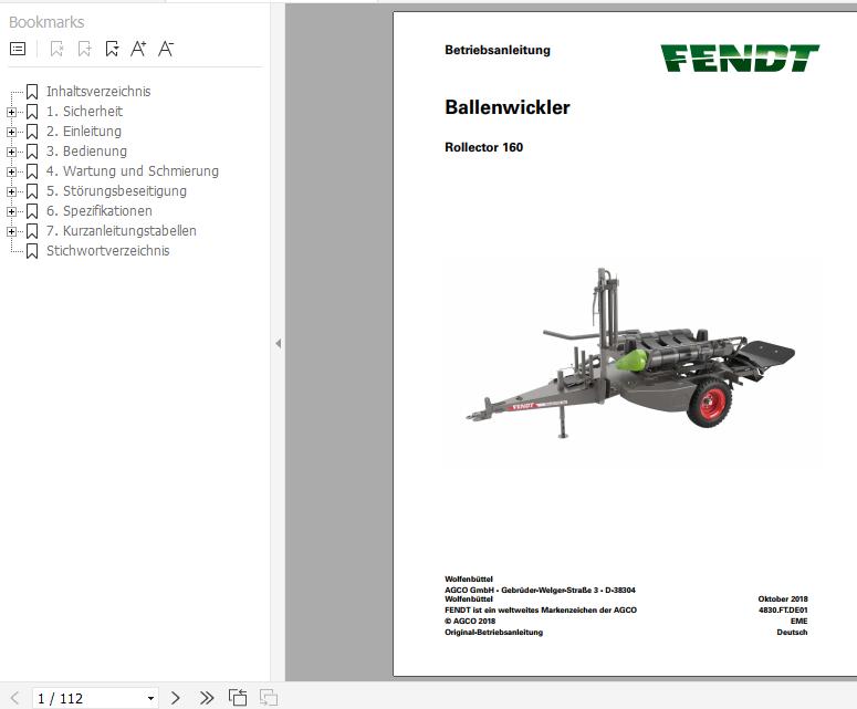 FENDT Bale Wrapper Rollector 160 FR DE Operators Manual 1