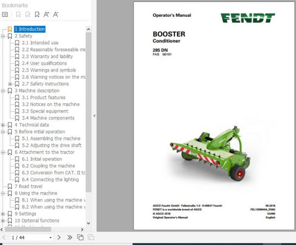 FENDT Booster 285 DN Conditioner FR EN DE ES Operators Manual 1