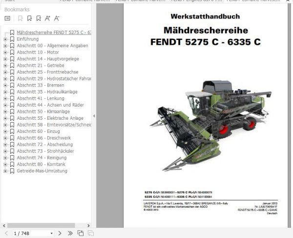 FENDT Combine Harvesters 5275C 6335C C PL DE Operators Workshop Manuals 2013 2
