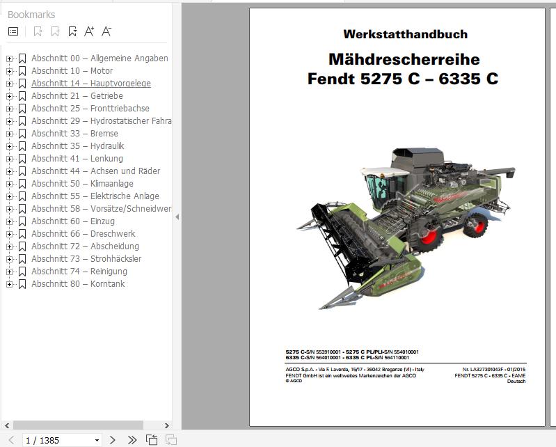 FENDT Combine Harvesters 5275C 6335C PL DE Operators Workshop Manuals 2015 2