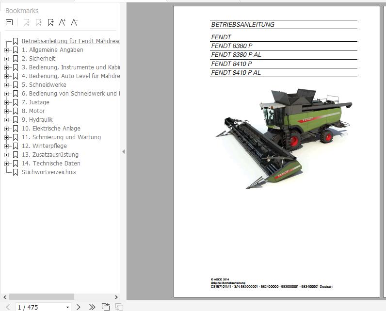 FENDT Combine Harvesters 8380P 8410P AL DE Operators Workshop Manuals 1