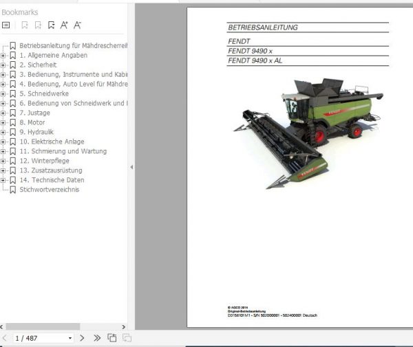 FENDT Combine Harvesters 9490x 9490x AL Operators Manual 2014 DE 1