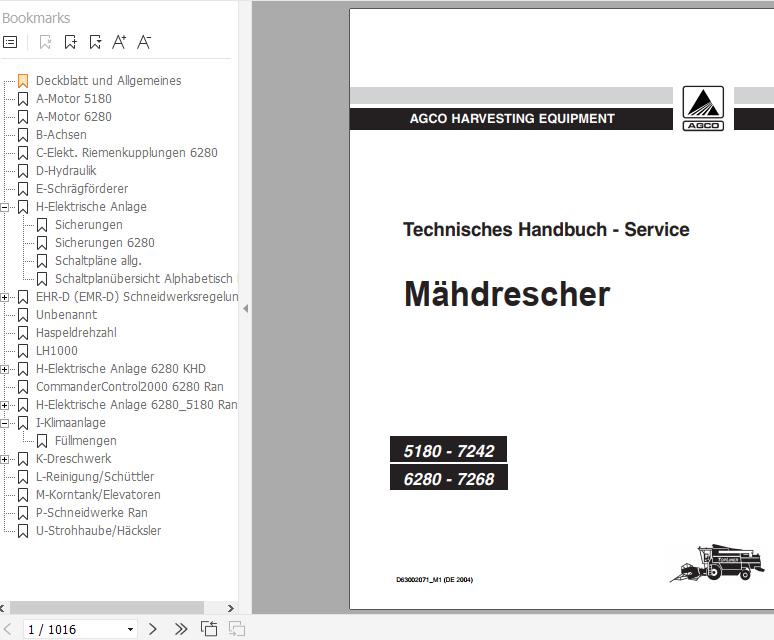 FENDT Combine Harvesters Serie 5180 C 6280 C DE Operators Workshop Manuals 1