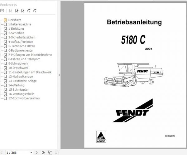 FENDT Combine Harvesters Serie 5180 C 6280 C DE Operators Workshop Manuals 2