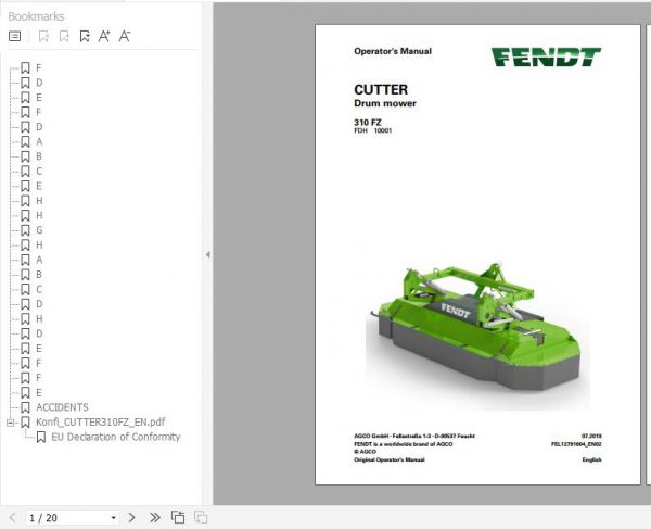 FENDT Cutter 310 FZ Drum Mower FR EN DE ES Operators Manual 1