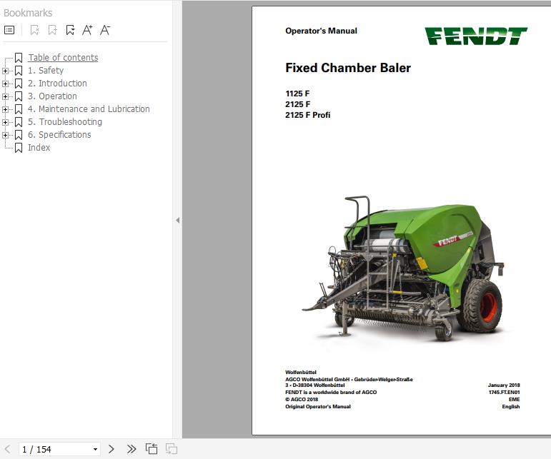 FENDT Fixed Chamber Baler 1125F 2125F 2125F Profi FR EN DE ES Operators Manual 1