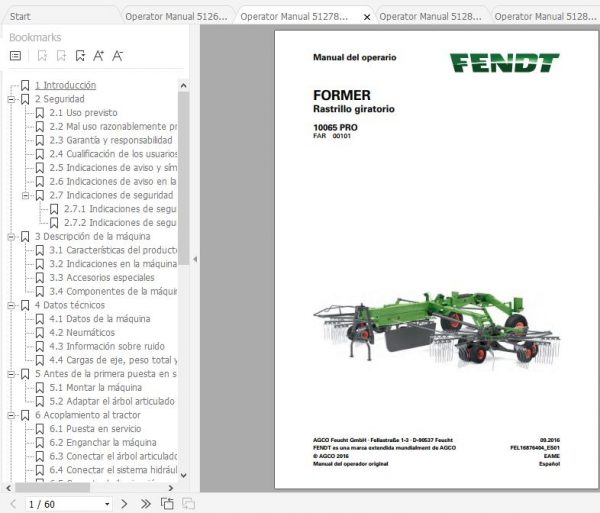 FENDT Former 10065 PRO Rotary Rake FR EN DE ES Operators Manual 1
