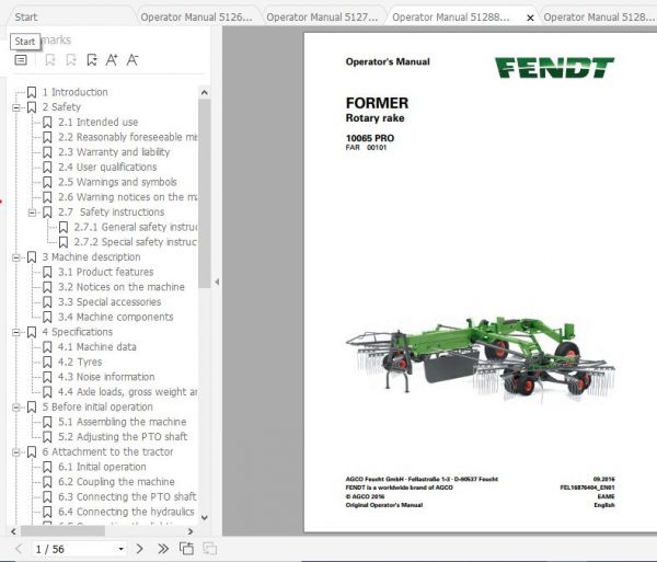 FENDT Former 10065 PRO Rotary Rake FR EN DE ES Operators Manual 2