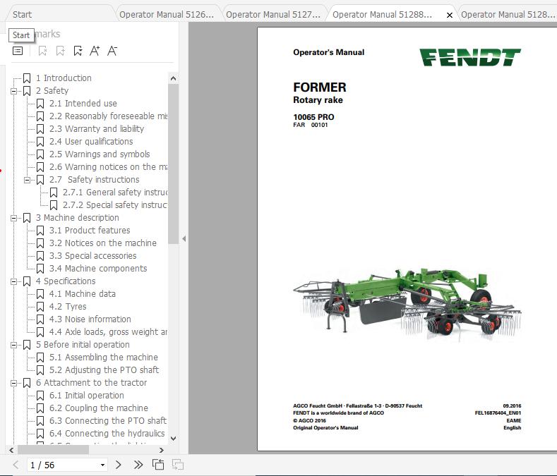 FENDT Former 10065 PRO Rotary Rake FR EN DE ES Operators Manual 2