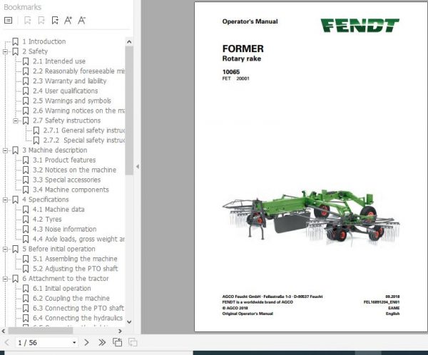 FENDT Former 10065 Rotary Rake FR EN DE ES Operators Manual 1