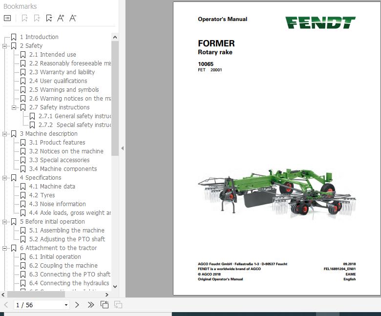 FENDT Former 10065 Rotary Rake FR EN DE ES Operators Manual 1