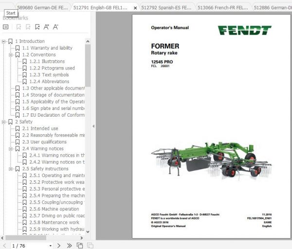 FENDT Former 12545 PRO Rotary Rake FR EN DE ES Operators Manual 2