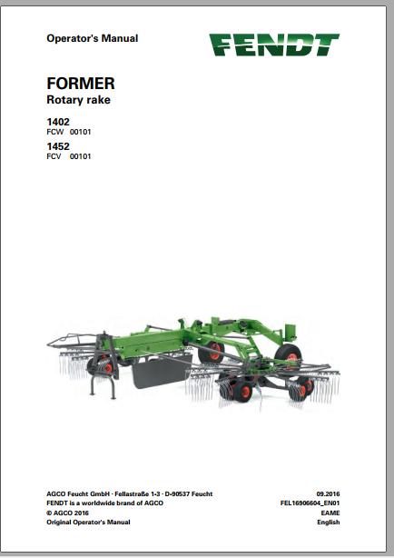 FENDT Former 1402 1452 Rotary Rake FR EN DE ES Operators Manual 1